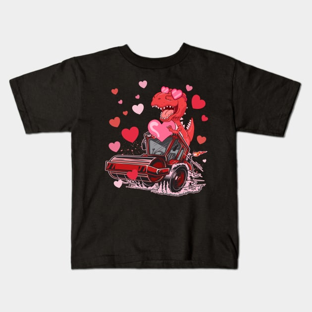 Dinosaur T Rex Riding Monster Truck Valentines Day Kids T-Shirt by Woodsnuts